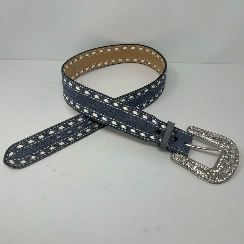 Justin Denim & leather belt with Rhinestone buckle M - Picture 5 of 11